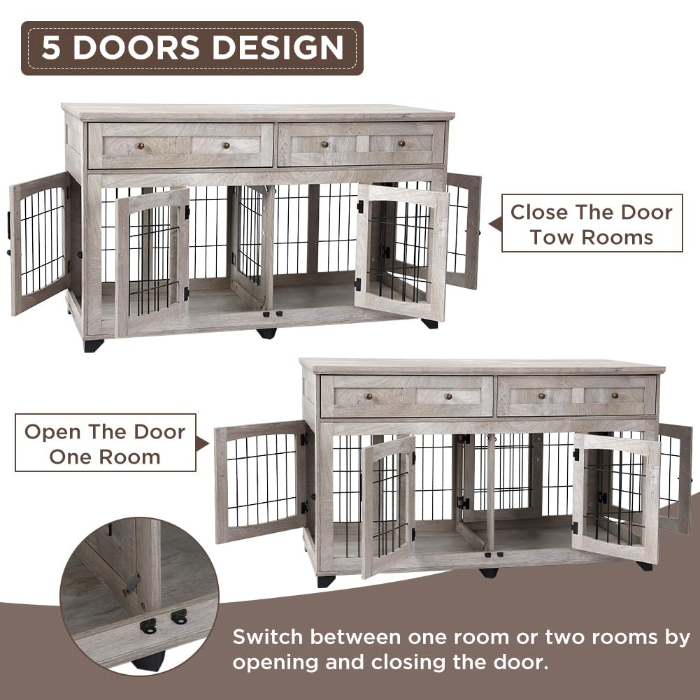 2 Dog Crate Furniture for Large Breeds,Large Dog Kennel Furniture TV Stand,58 Wooden Dog Kennel End Table with Drawers,Double Do